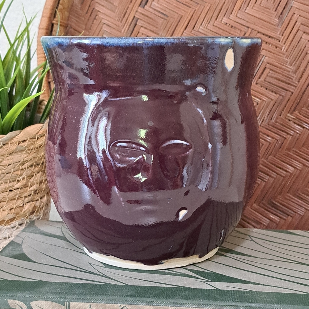 Student Studio Art Pottery Vase w/Face Signed by Artist DMG Purple Drip Glaze
